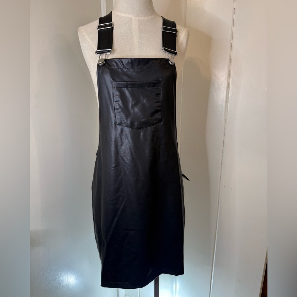 Black Faux Leather Pinafore Pencil Skirt with Front Pocket Sz M NWT